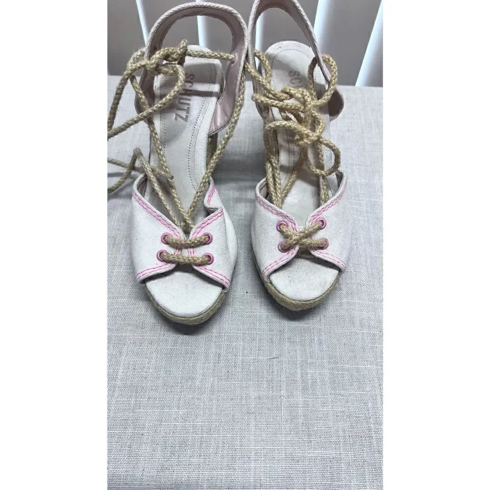 Schutz Women's Brynda Lace Up Espadrille Platform Wedges Cream Pink Size 6.5B